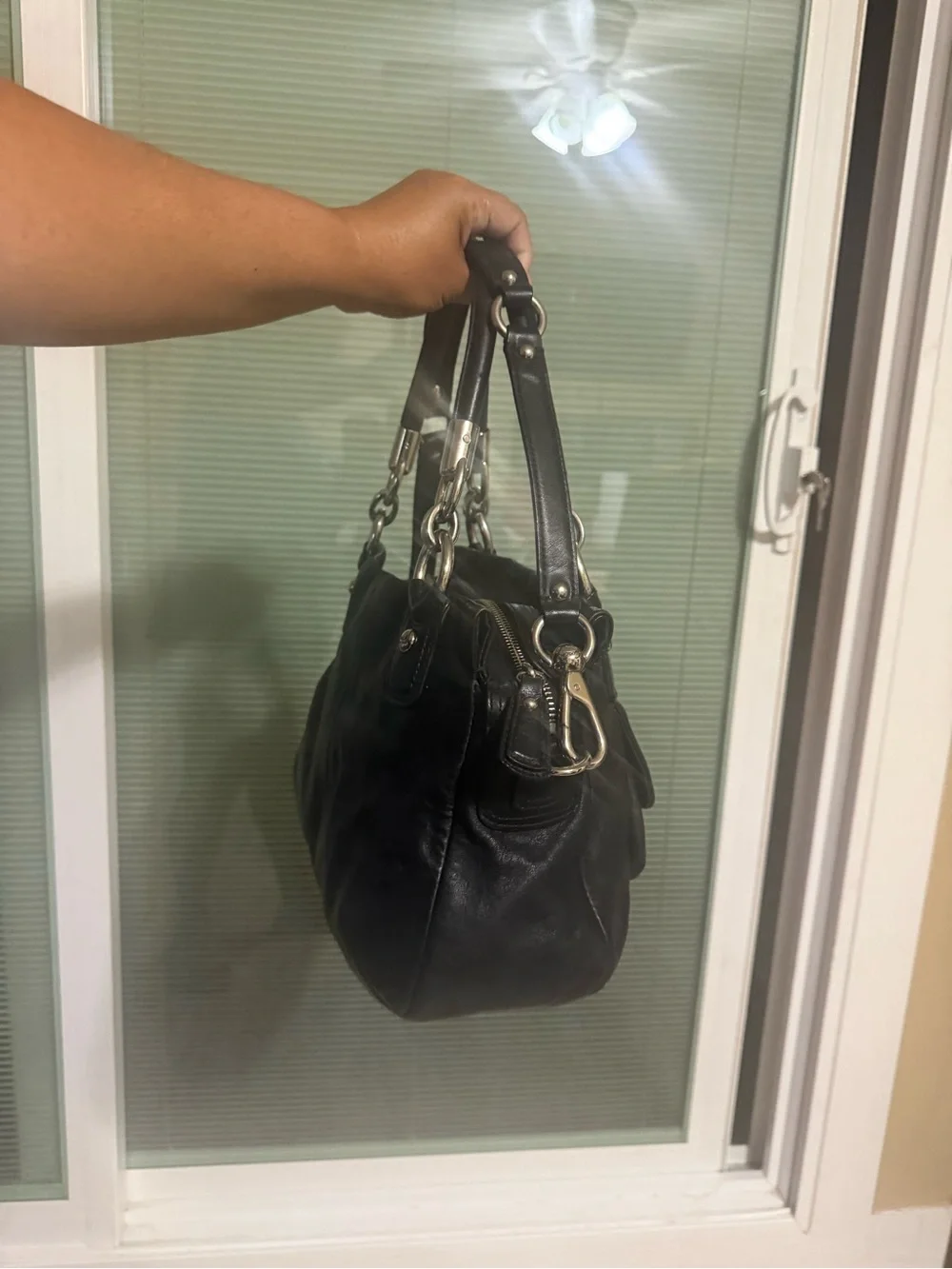 Coach Black Leather Satchel Handbag with Silver Hardware